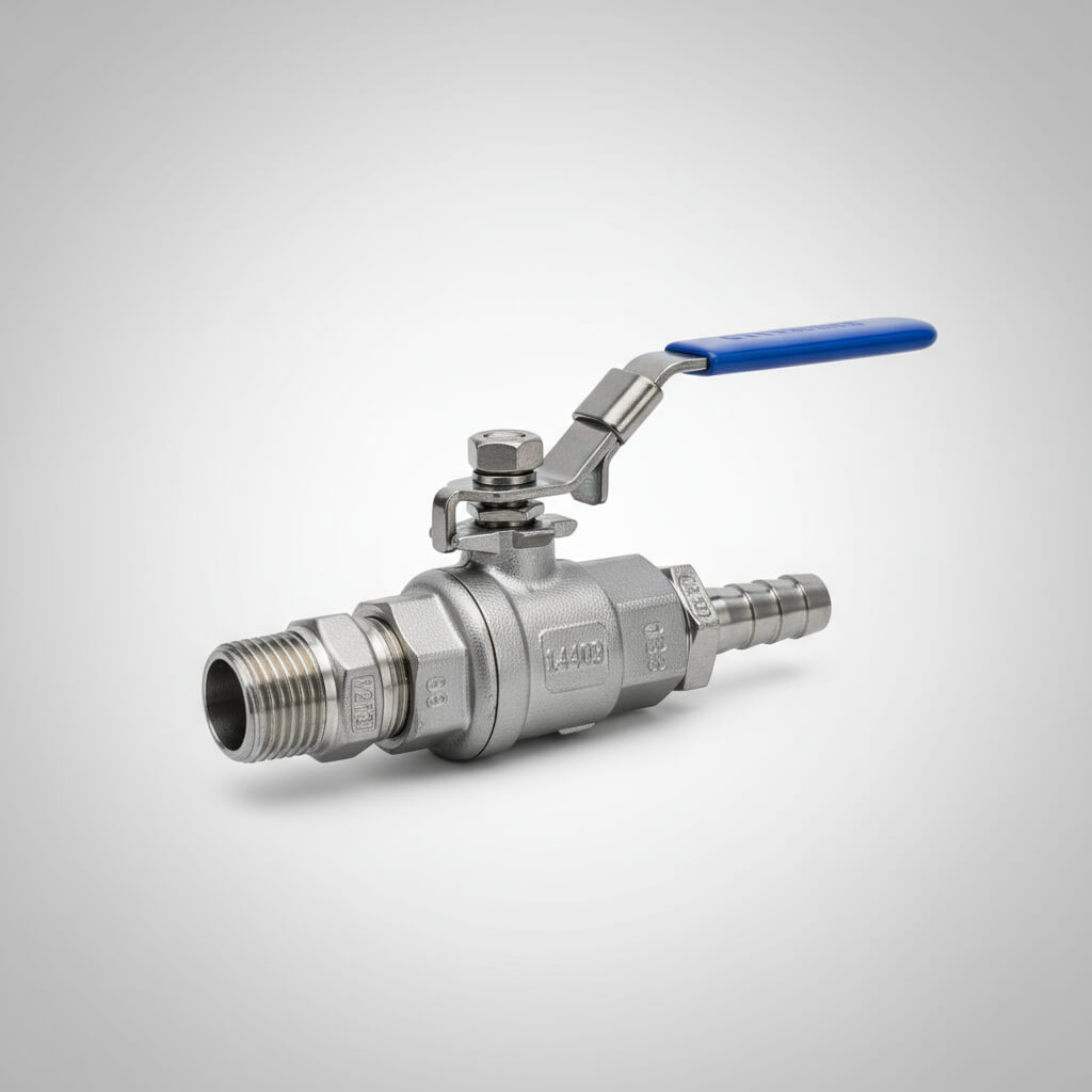 Ball valve with blue handle on a gray background