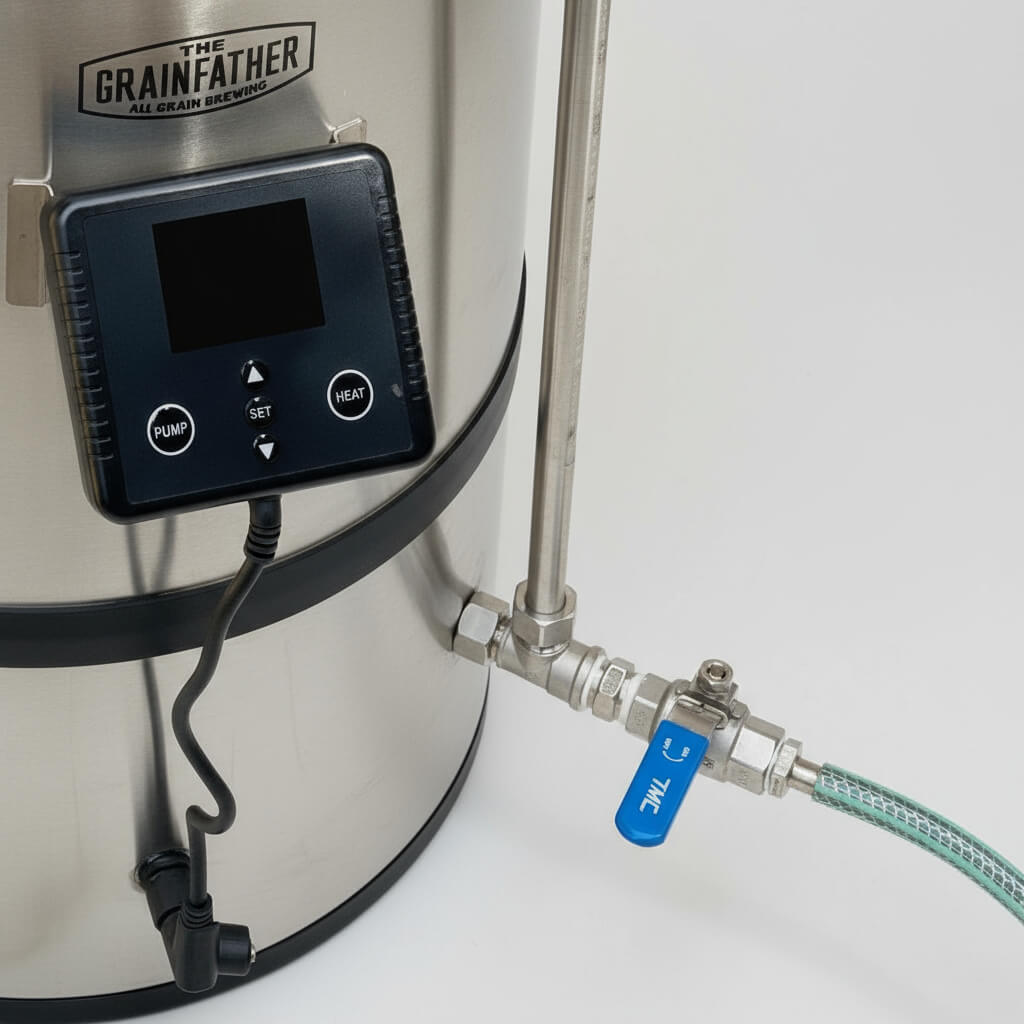 Digital controller attached to a brewing vessel with 'The Grainfather' branding.