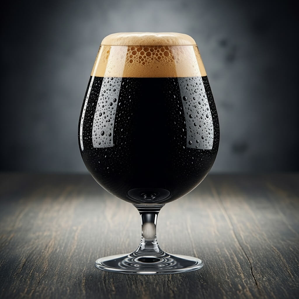 Glass of dark beer with a thick head on a wooden surface