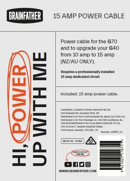 G70 & G40 15 Amp Power Cable - All Things Fermented | Home Brew Shop NZ | Supplies | Equipment