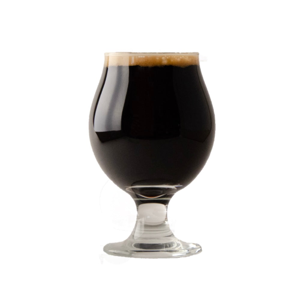 Glass of dark beer with a white background