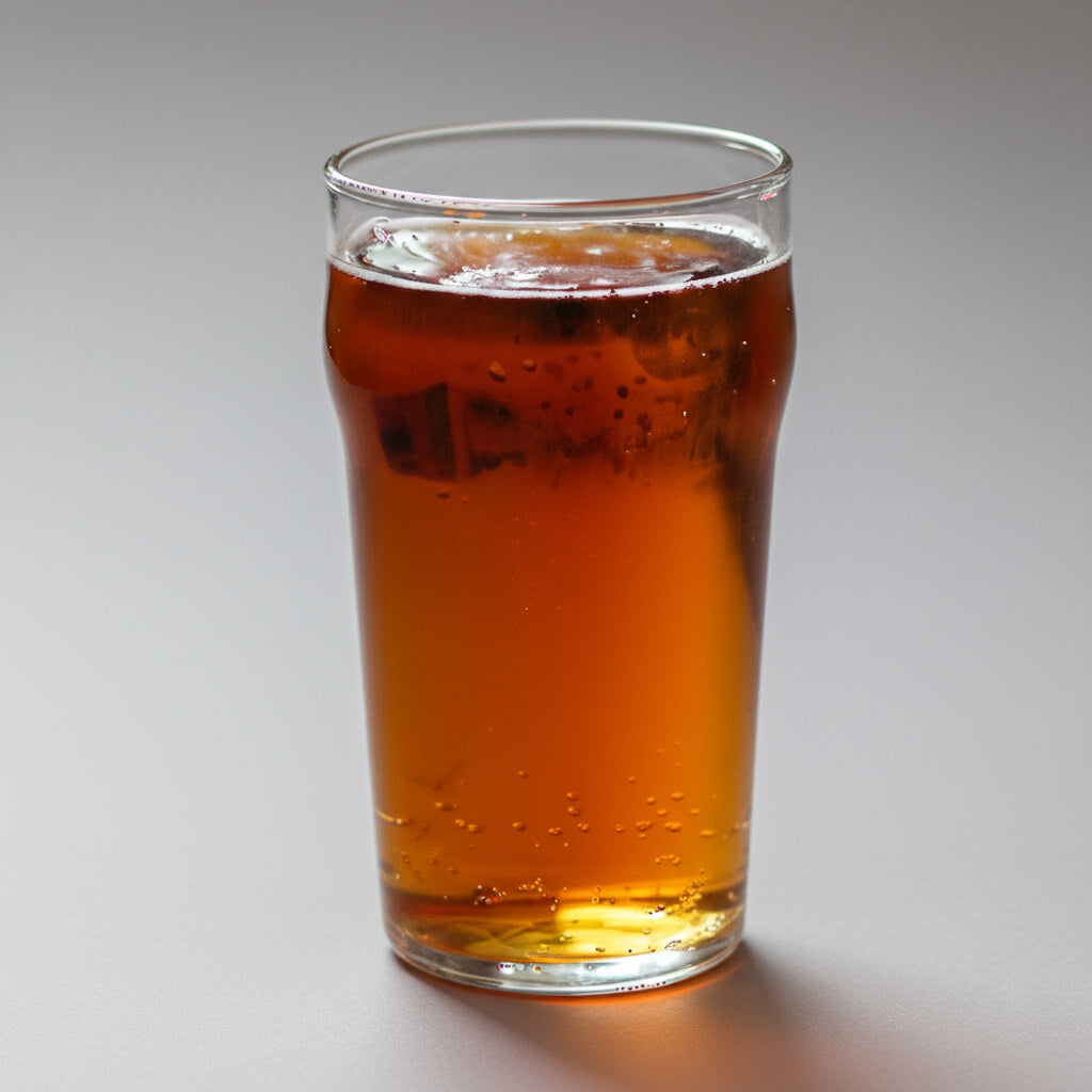 Clear glass filled with amber-colored liquid on a gray background