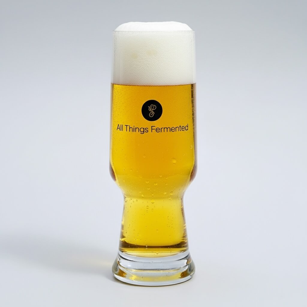 Glass of beer with 'All Things Fermented' logo on a gray background