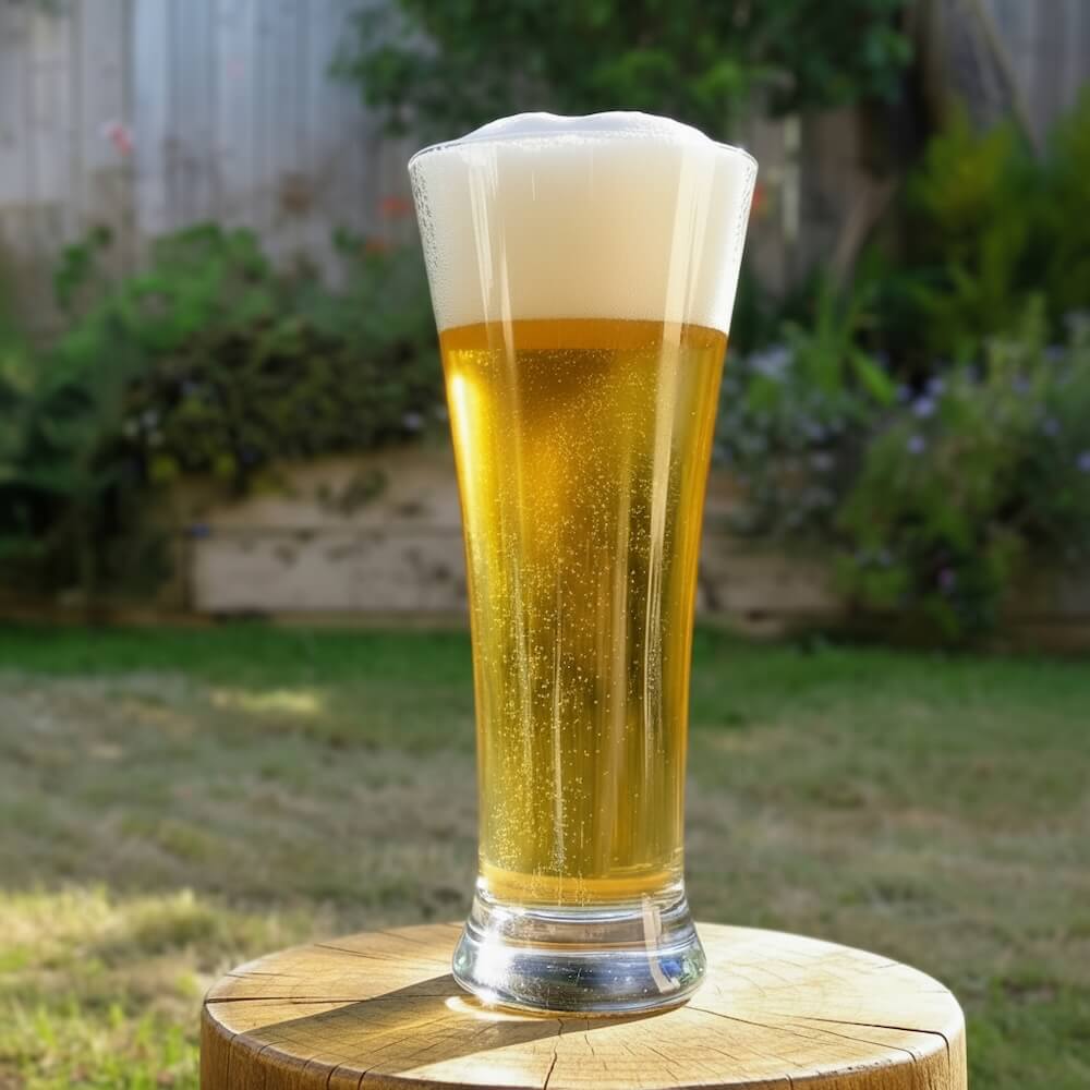 Glass of beer on a wooden stool outdoors with greenery in the background