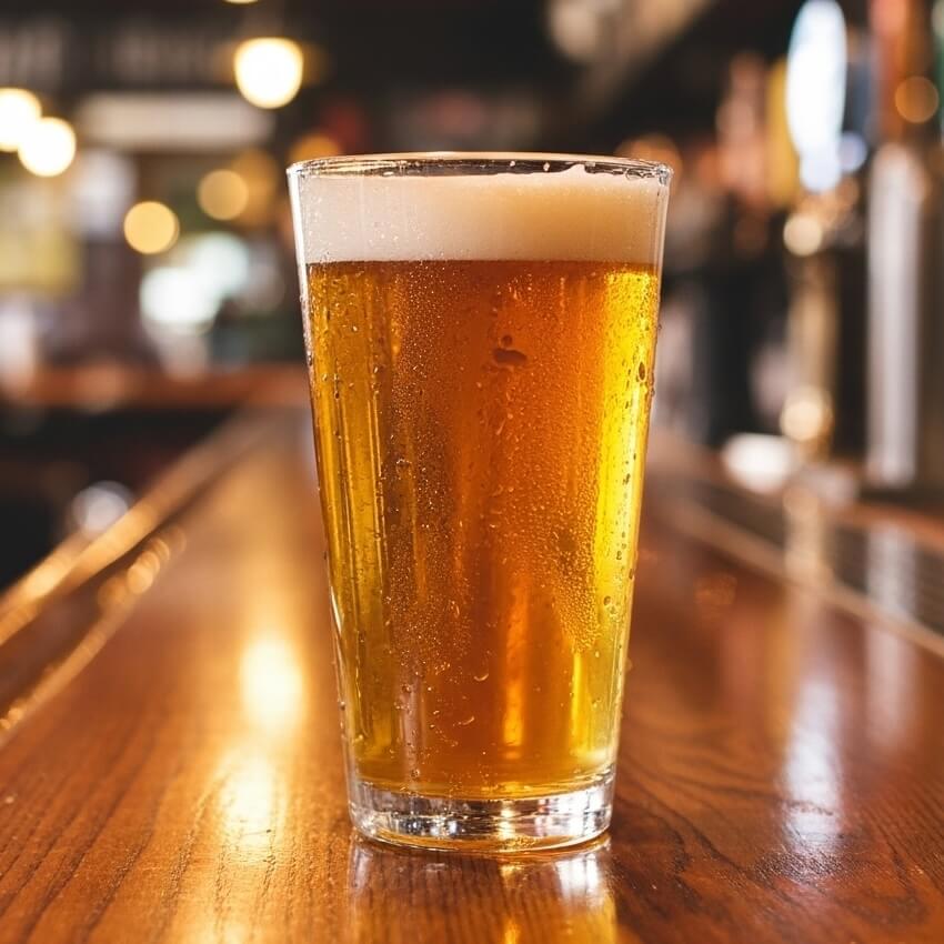 Glass of beer on a wooden bar with a blurred bar background