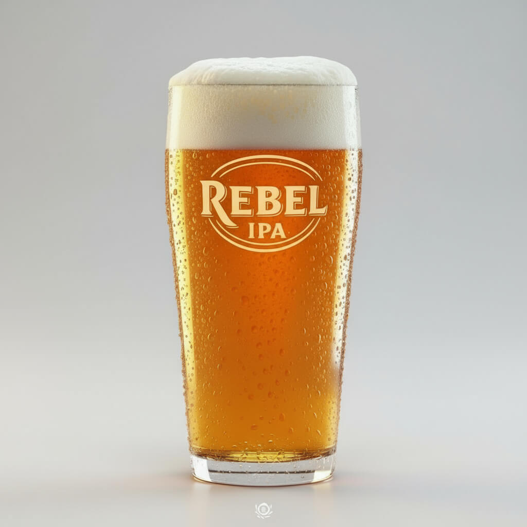 Pint of Rebel IPA beer with a white background