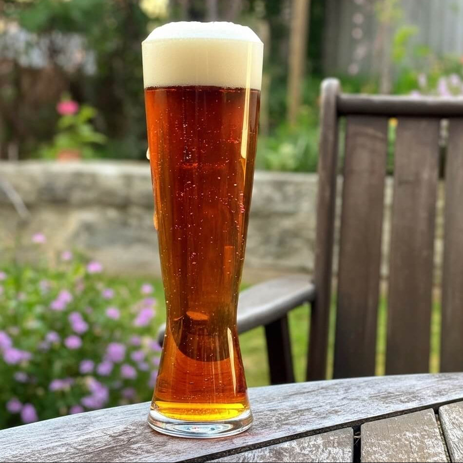 Glass of beer on a wooden table with a garden background