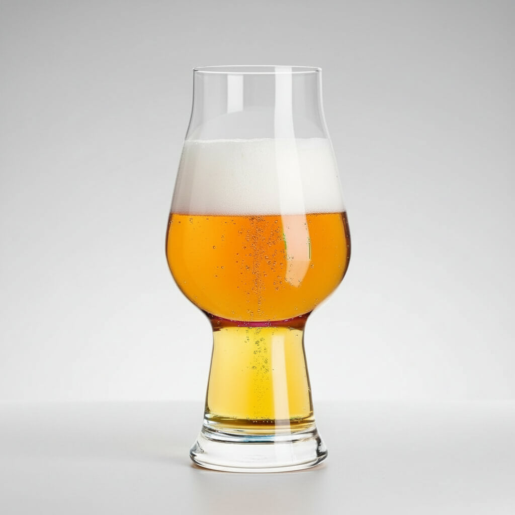 Clear glass filled with beer on a gray background