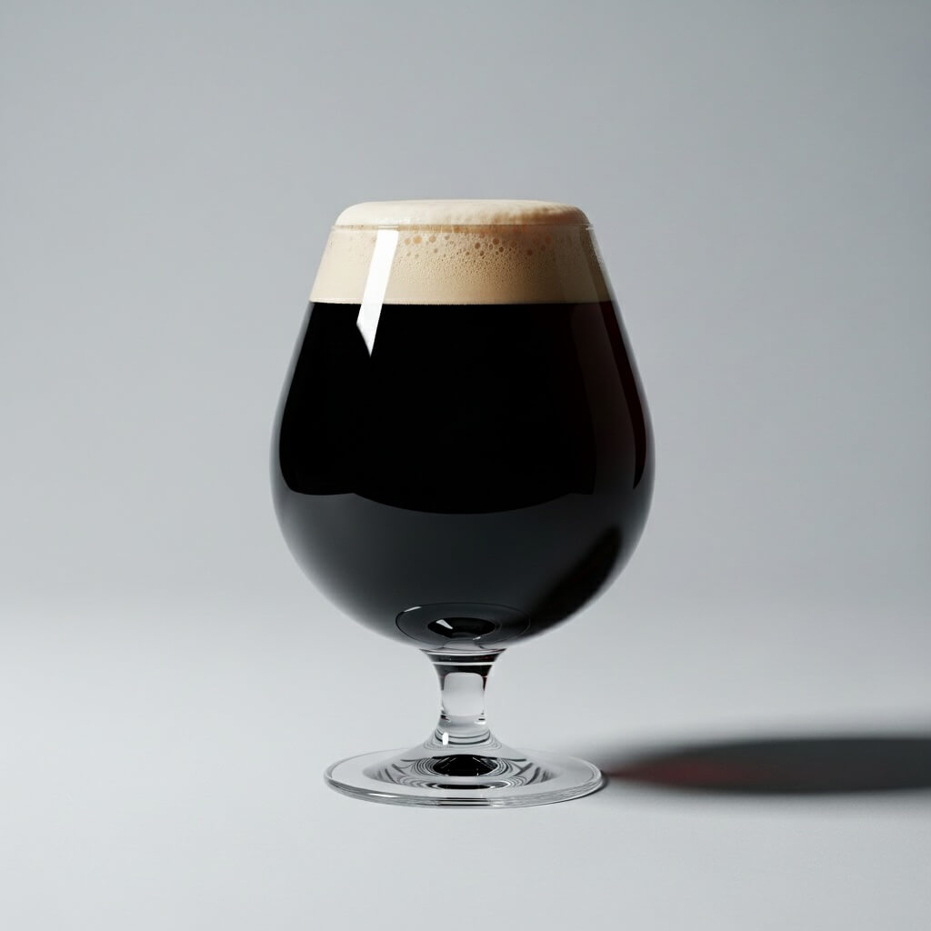 Glass of dark beer with a light head on a gray background