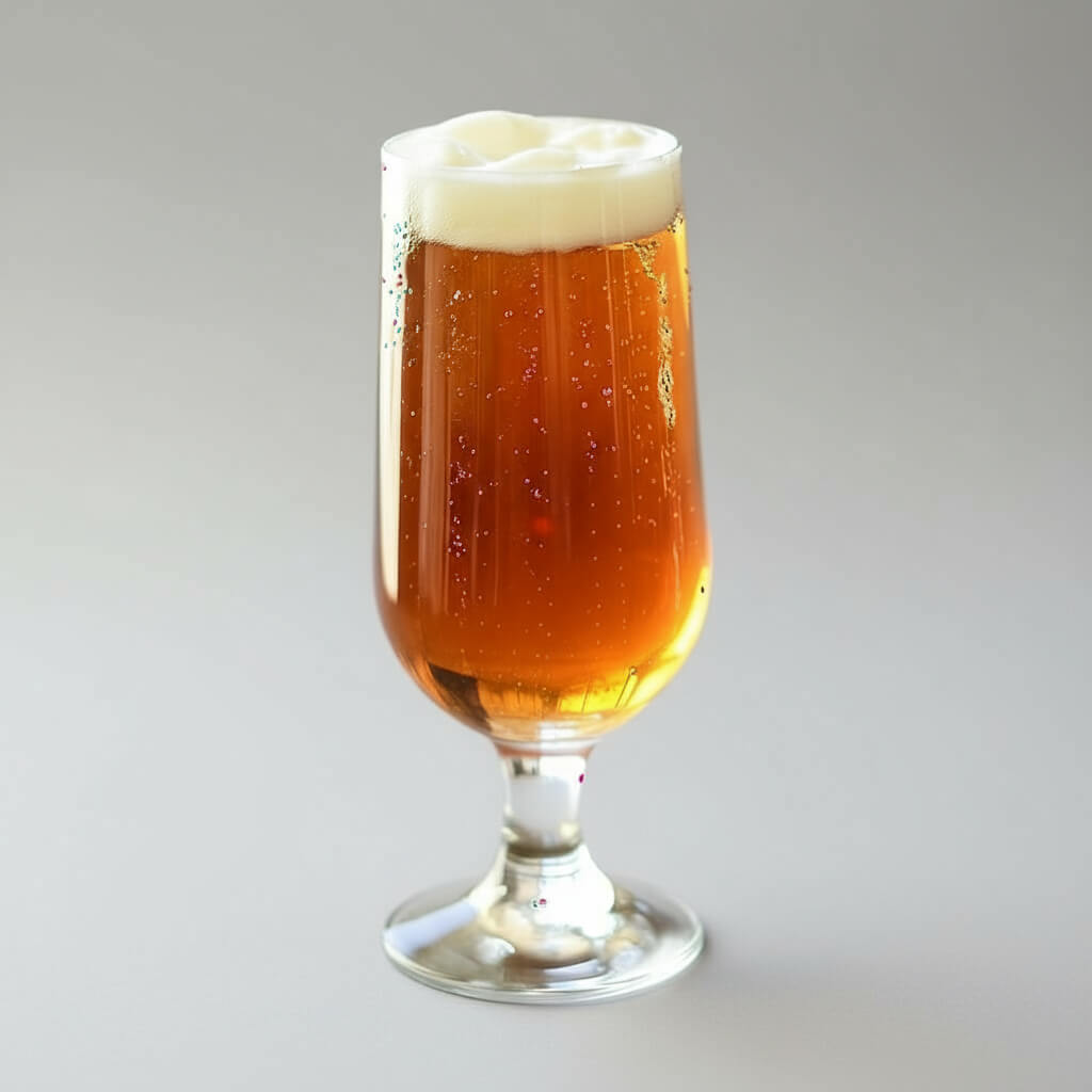 Glass of beer with a white head on a gray background