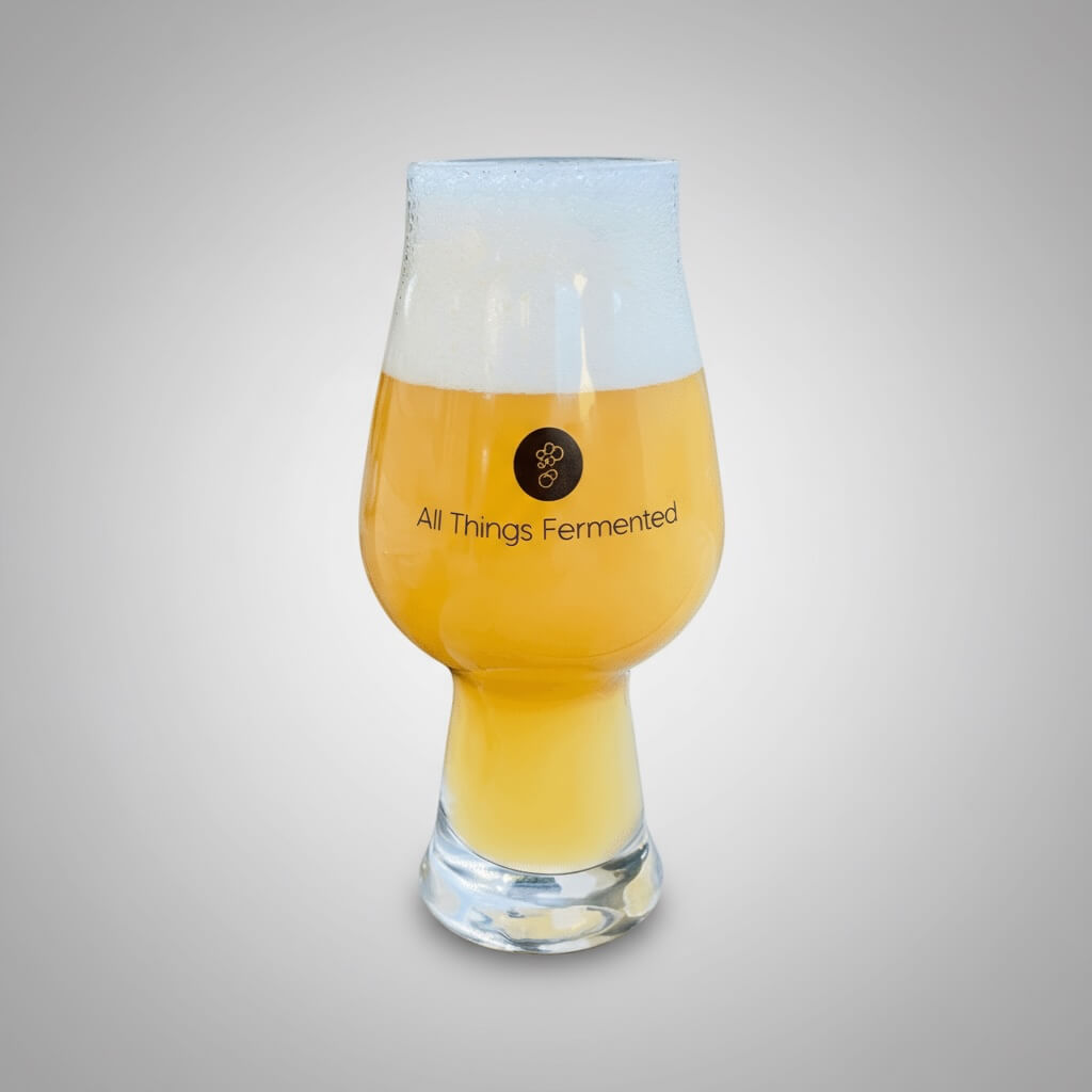 Glass of beer with 'All Things Fermented' logo on a gray background