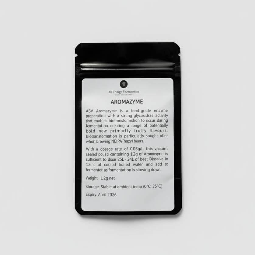 Aromzyme packaging with text on a light gray background