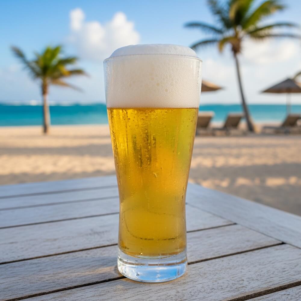 Glass of beer on a wooden table with a beach and palm trees in the background