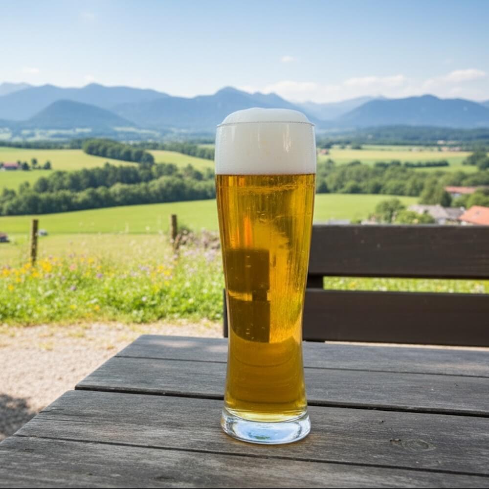 Glass of beer on a wooden table with a scenic view of mountains and fields in the background
