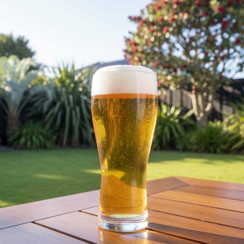 Glass of beer on a wooden table with a garden background