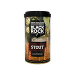 A 750ml cylindrical tin of Black Rock Classic Stout beer, featuring a black lid and a label with hops, wheat, and beer glasses, on a white background.