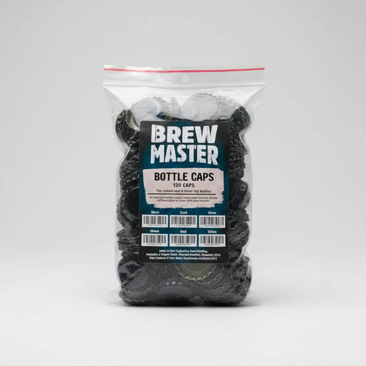 Pack of Brew Master bottle caps on a white background
