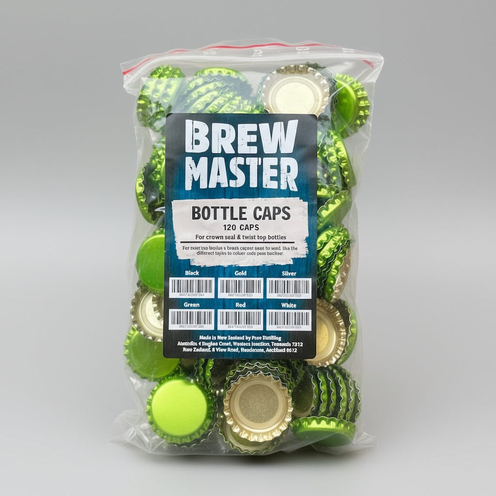 Pack of Brew Master bottle caps with a clear plastic bag on a gray background