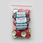 Packaged bottle caps with 'Brew Master' label on a white background