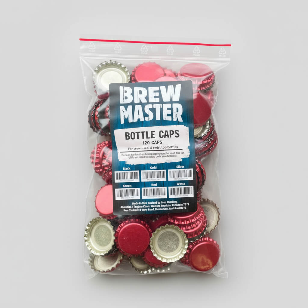 Packaged bottle caps with 'Brew Master' label on a white background