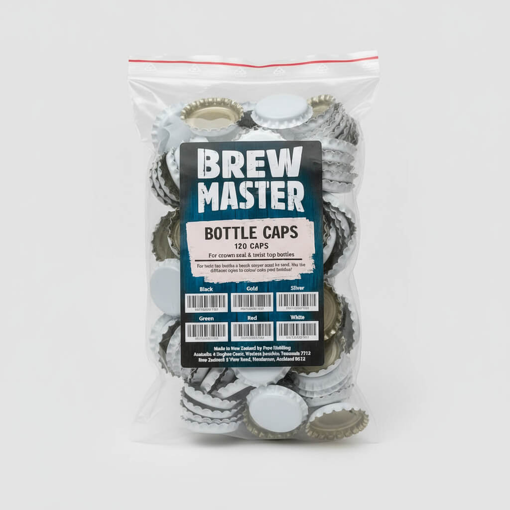 Pack of Brew Master bottle caps with a clear bag on a white background