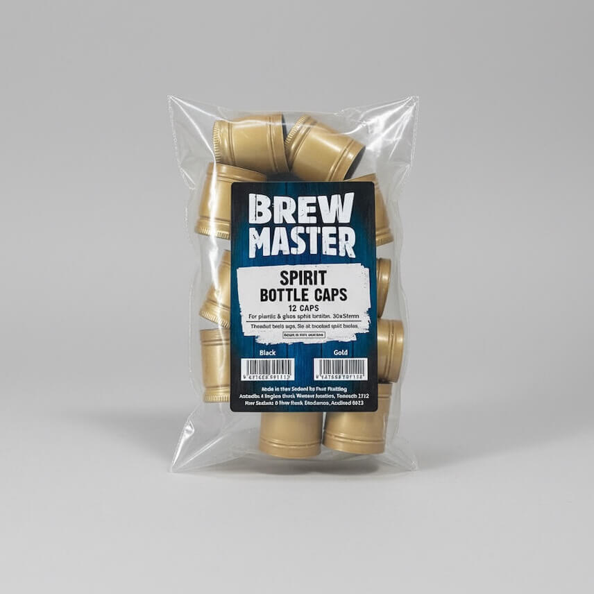 Packaged gold bottle caps with 'Brew Master' label on a gray background