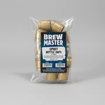 Packaged gold bottle caps with 'Brew Master' label on a gray background