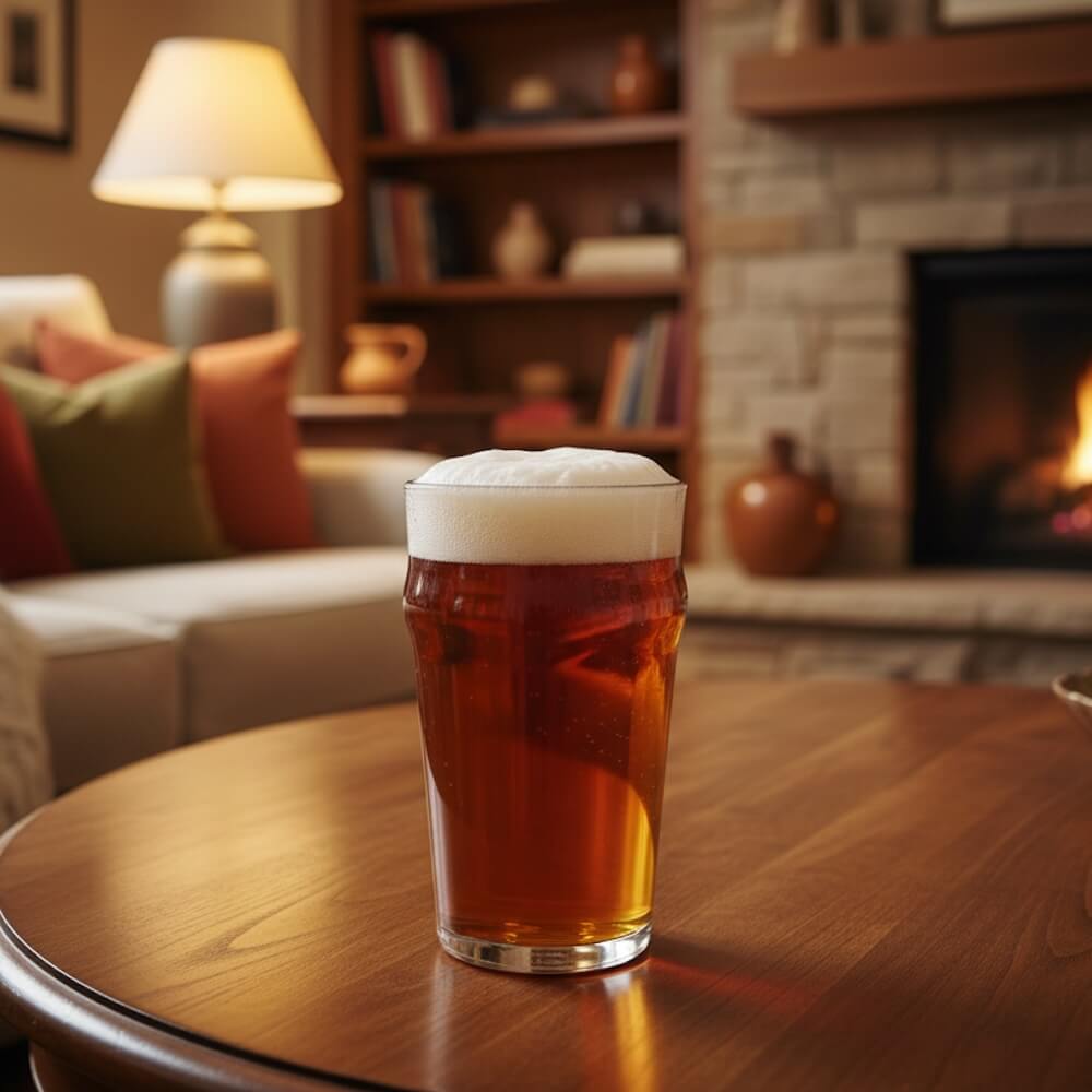 Glass of beer on a wooden table with a cozy living room background