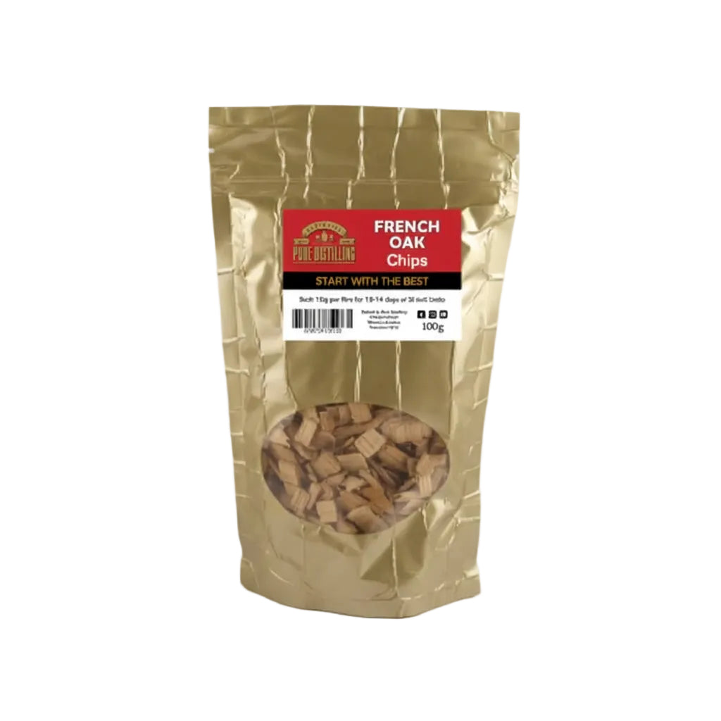 Bag of French Oak Chips with a gold packaging and red label on a white background