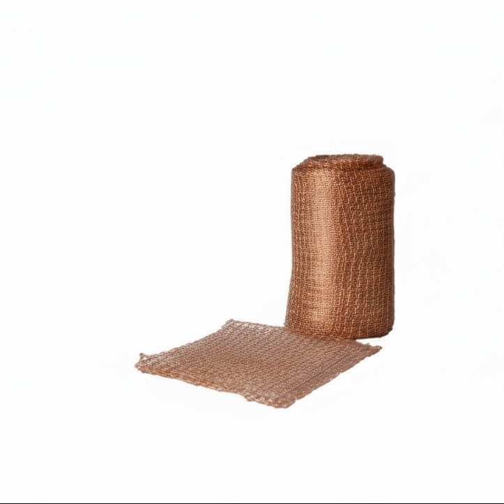 Rolled-up copper mesh on a white background