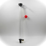Clear tube with red ball and black caps on a white background