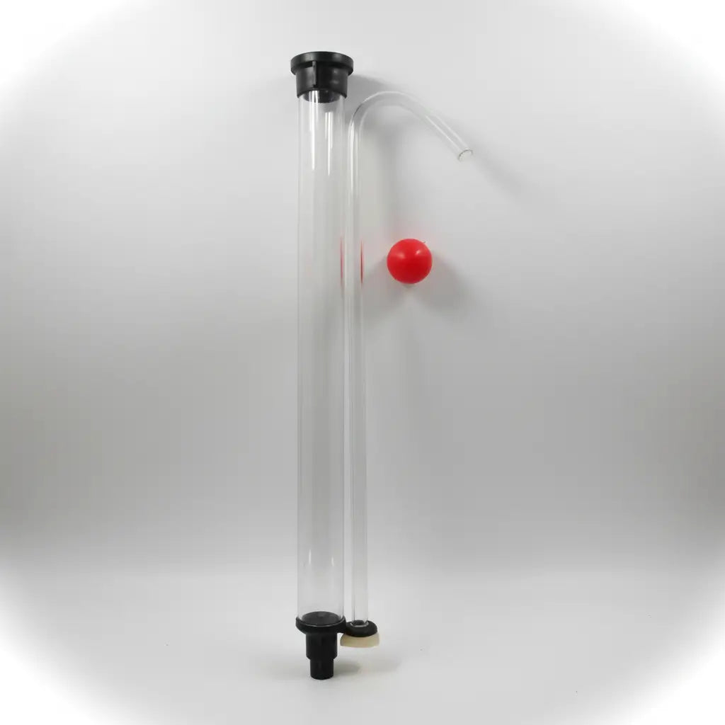 Clear tube with red ball and black caps on a white background