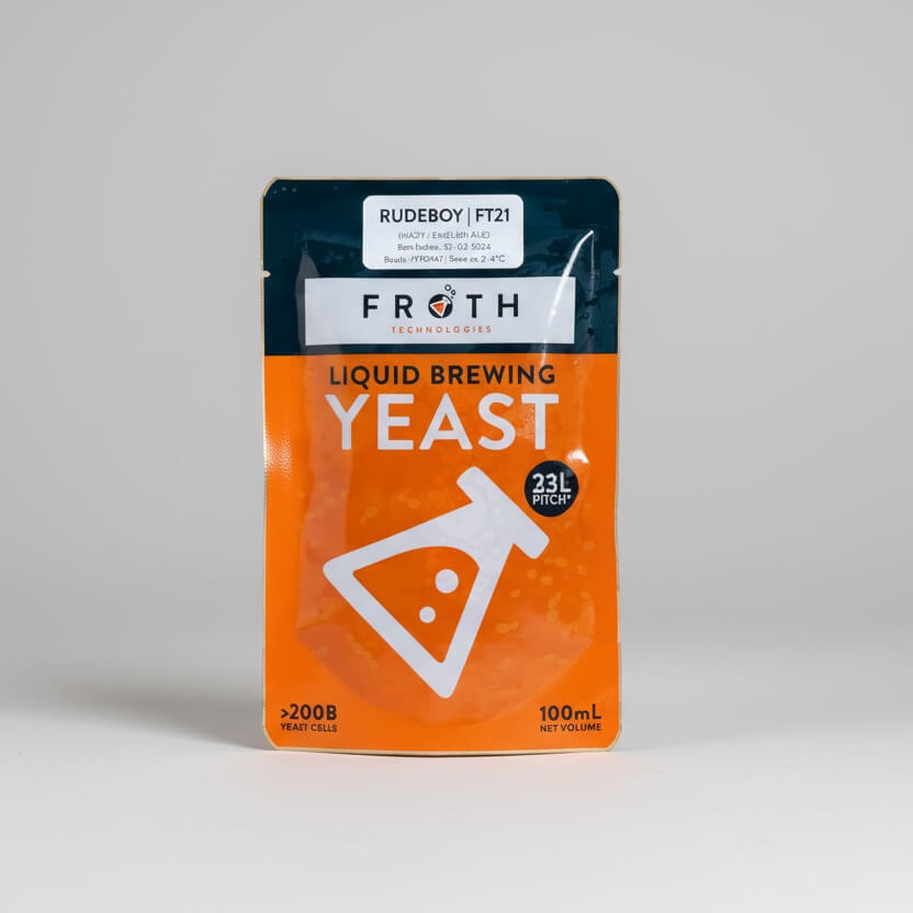 Orange packaging of Froth Liquid Brewing Yeast with branding on a gray background