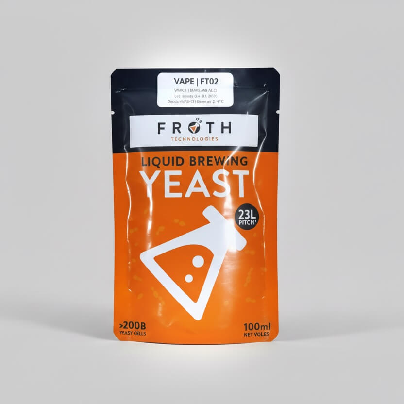 Packaging of Froth Technologies liquid brewing yeast on a gray background