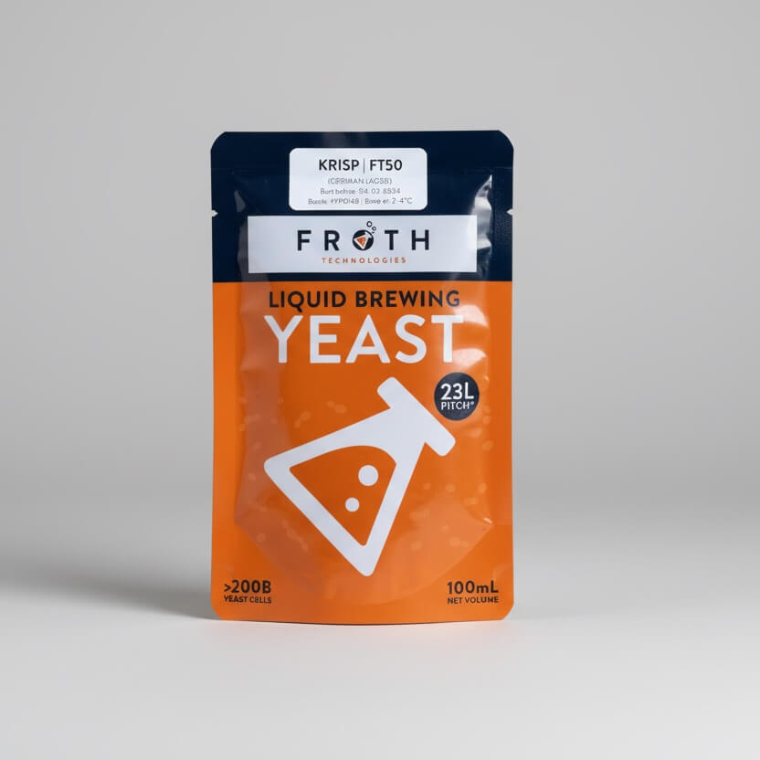 Orange packaging of Froth Technologies liquid brewing yeast on a gray background