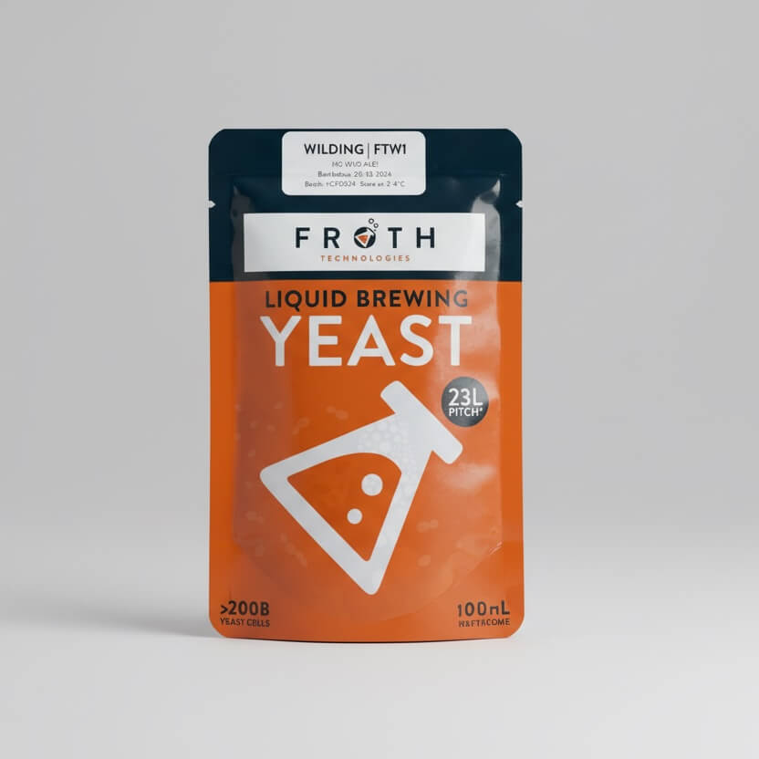 Froth Technologies liquid brewing yeast package on a gray background