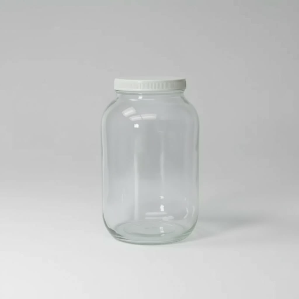 Clear glass jar with a white lid on a light gray background