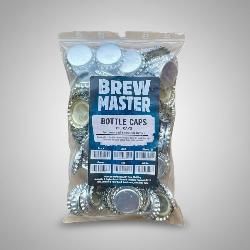 Pack of Brew Master bottle caps with a clear bag on a light gray background