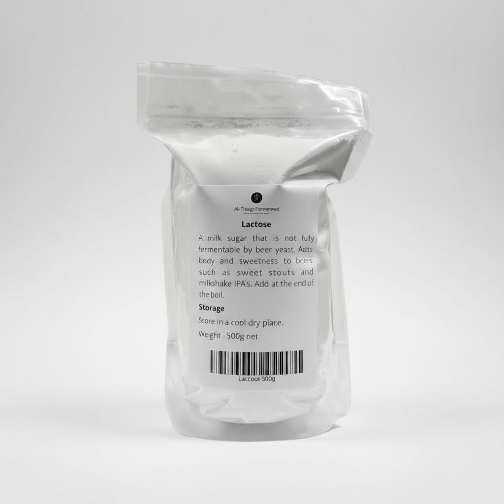 White packet of lactose with text on a white background