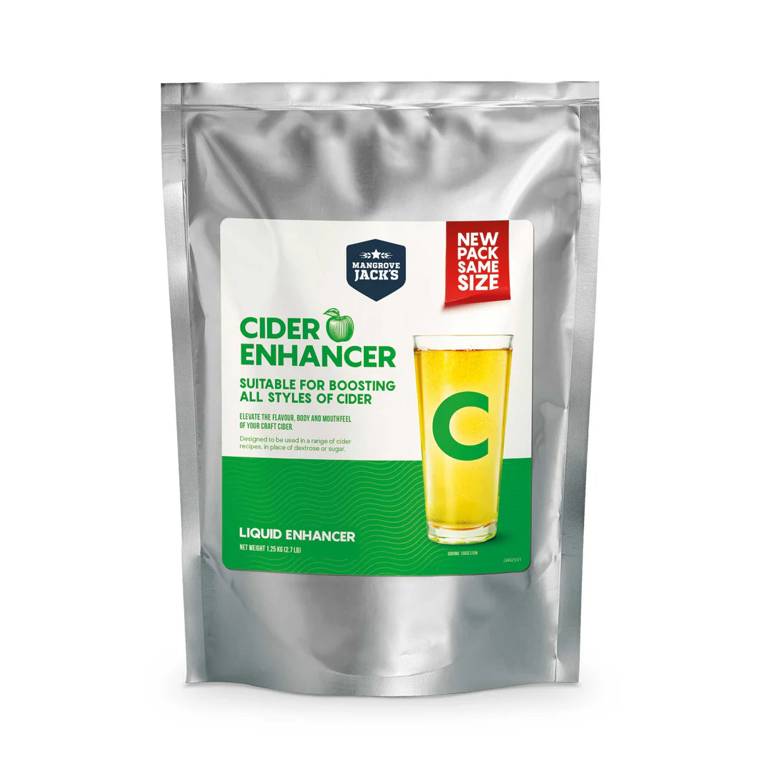 Cider Enhancer package with a glass of cider on a white background