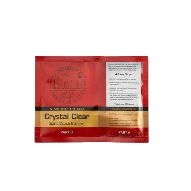 Red packaging of Crystal Clear Spirit Wash Clarifier with text on a white background
