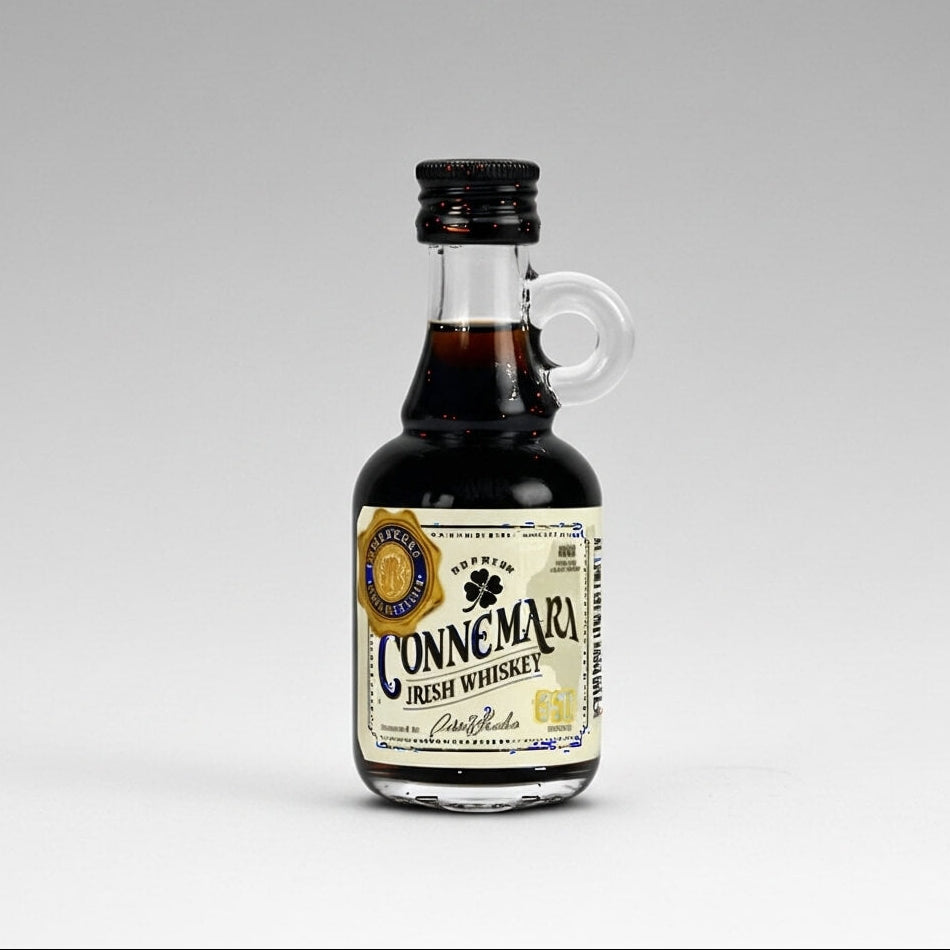 Mini bottle of Connemara Irish Whiskey spirit flavour on a gray background