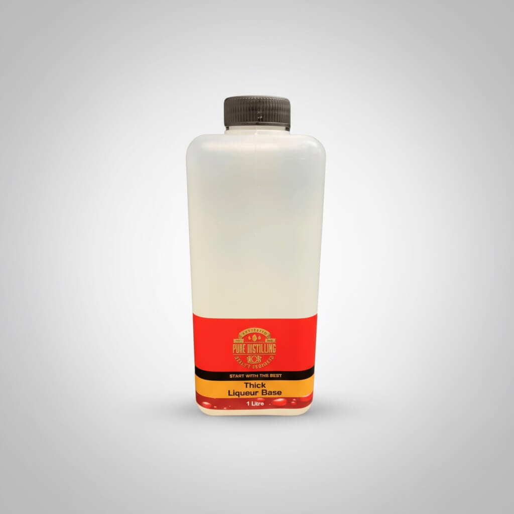 Bottle of thick liqueur base with a red label on a gray background