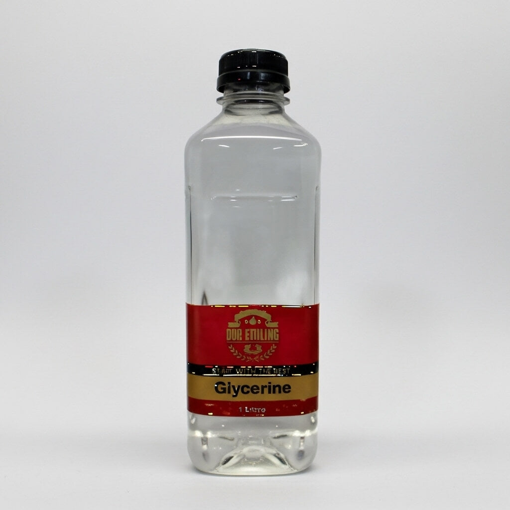 Bottle of glycerine with a red label on a white background