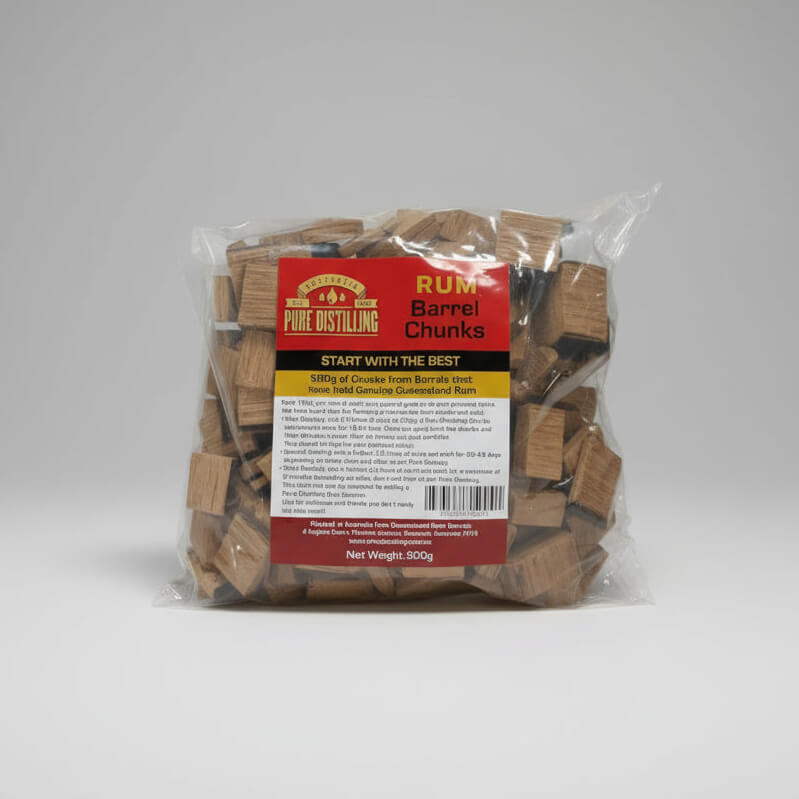 Packaged Rum Barrel Chunks with a visible label on a white background