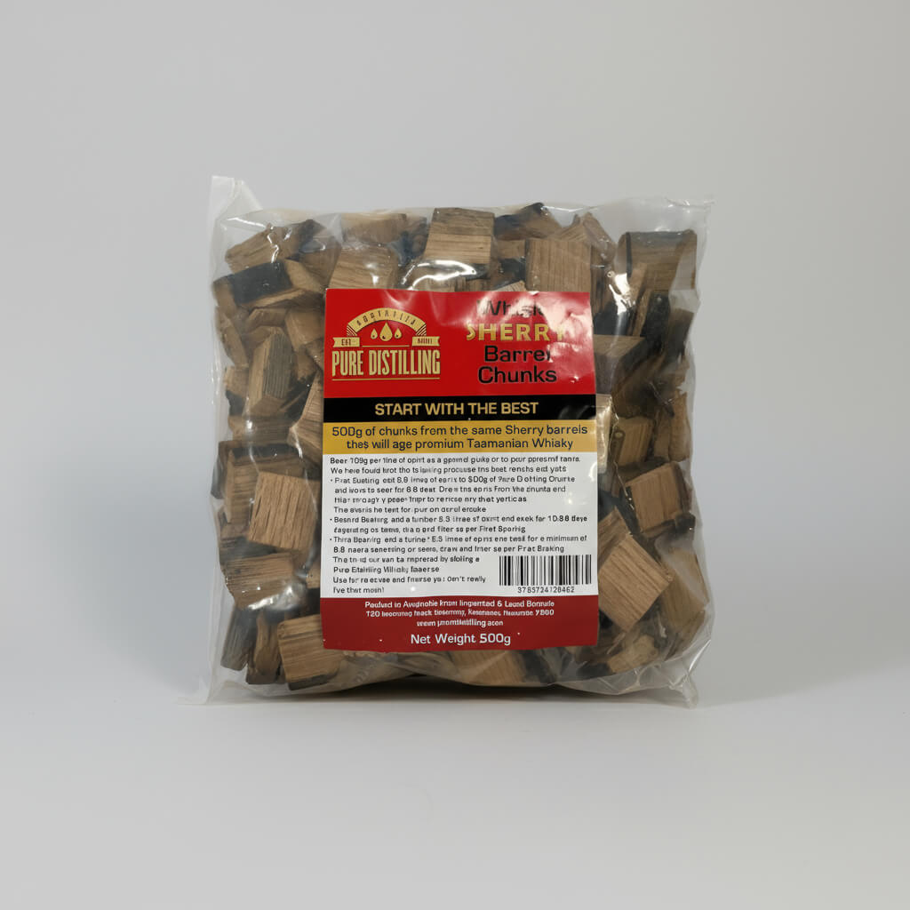 Packaged wooden barrels chunks with a red label on a white background