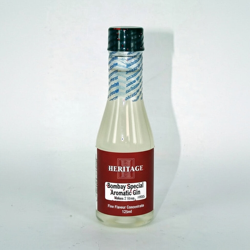 Bottle of Bombay Special Aromatic Gin concentrate with a red label on a white background