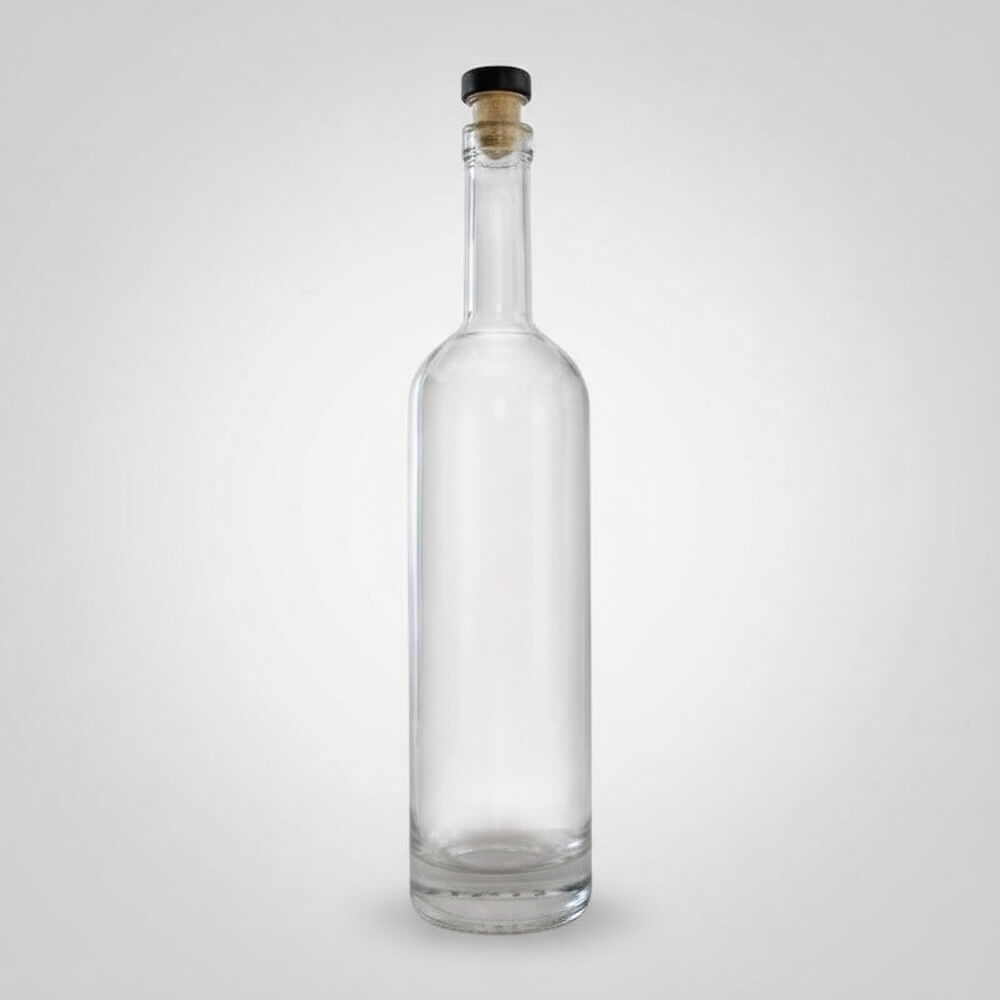 Clear glass bottle with cork stopper on a white background