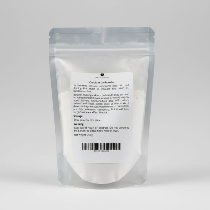 Clear packaging of calcium carbonate with a label on a white background