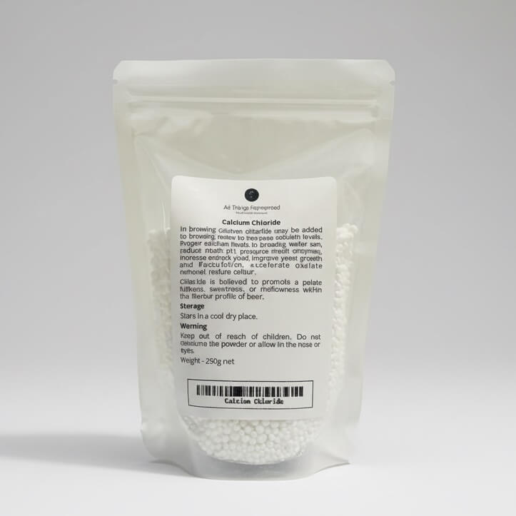 White packaging of calcium chloride with text on a gray background